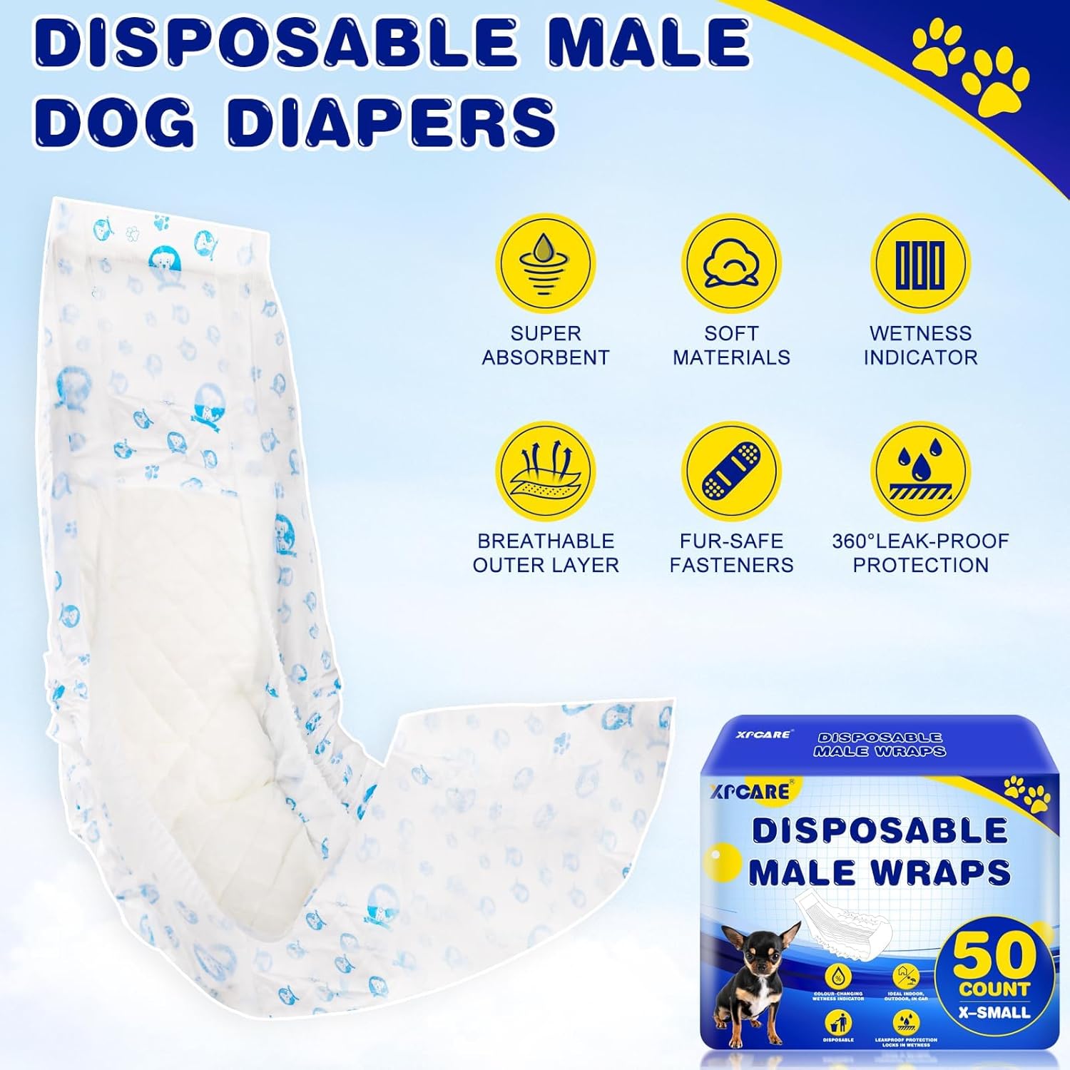 XPCARE 50 Count Disposable Male Dog Diapers, Male Dog Wraps,Super Absorbent Leak-Proof Fit (Small)